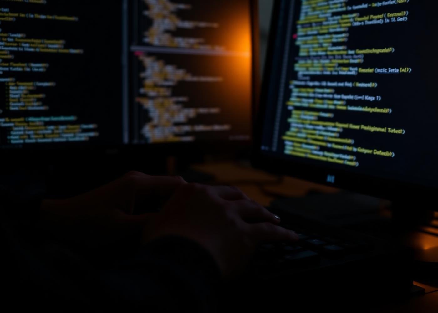 Software developer typing on a mechanical keyboard with source code visible on dark monitors