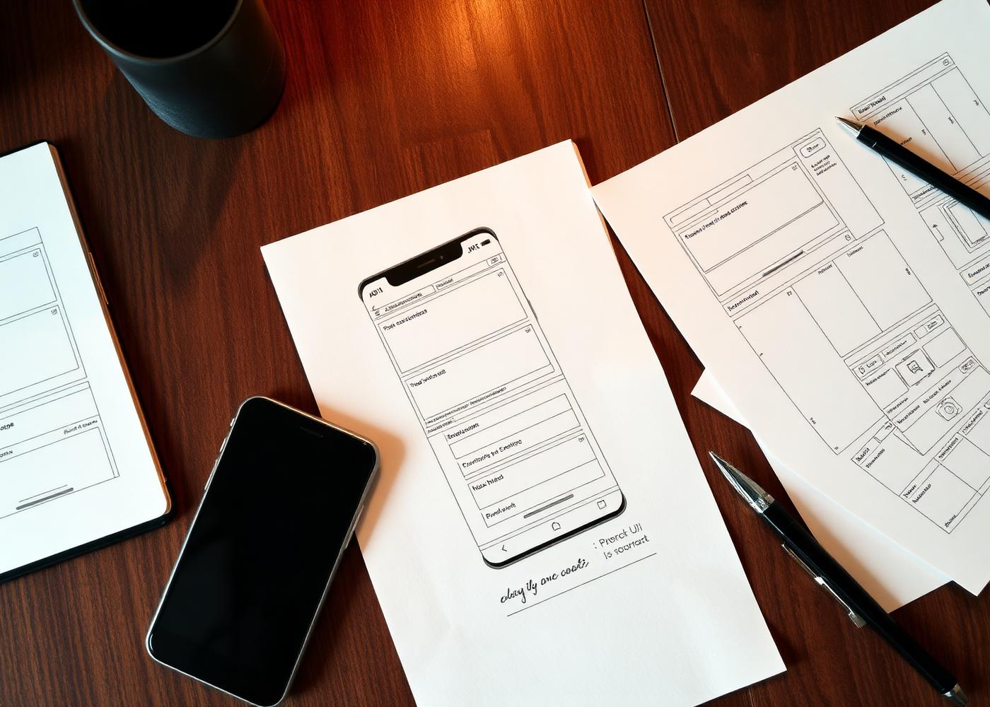 Wireframe sketches of a mobile app on paper next to a smartphone on a wooden desk